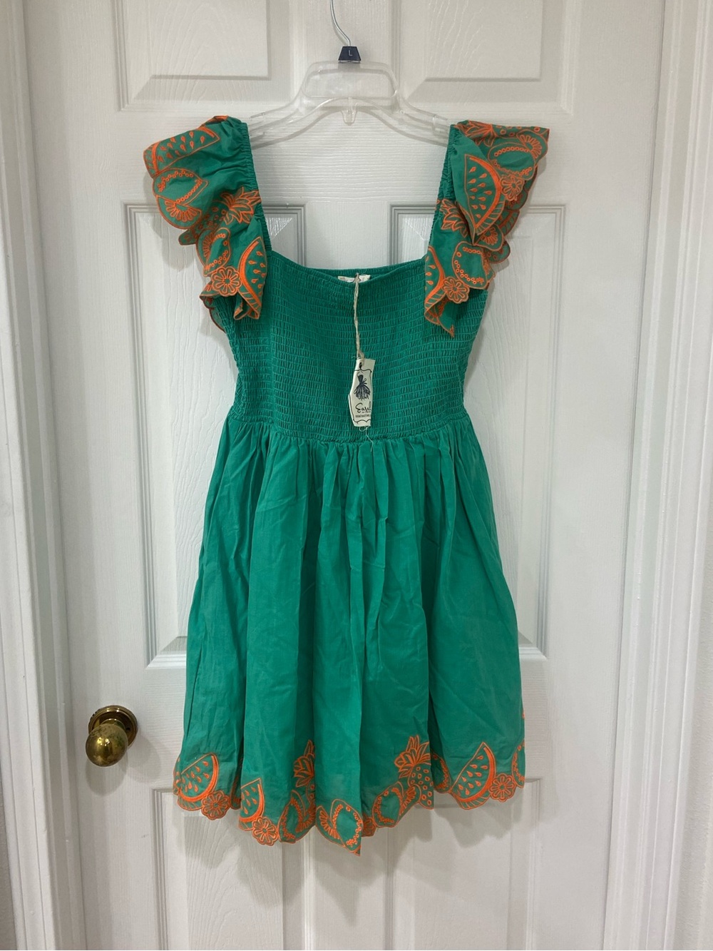 New easel Green Dress with Tropical Fruit Embroidered Hem & Ruffle Sleeves